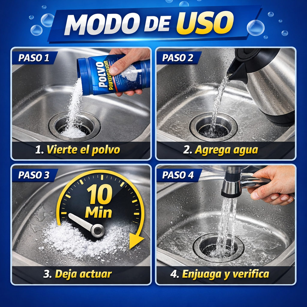 Polvo Destapacañerías – Desatasco Rápido – Flujo de Agua Libre en Minutos