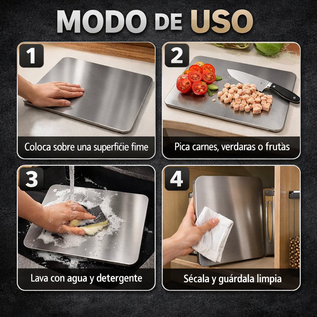 Tabla de Picar de Acero Inoxidable 2x1  – Higiene Total – Cocina Limpia y Segura Todos los Días