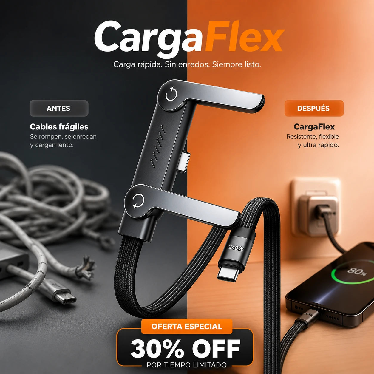 CargaFlex - Cable 240W 2en1 con Soporte | 30% OFF