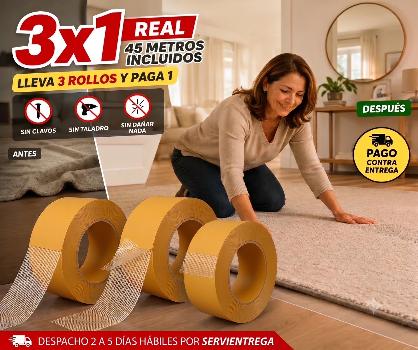 (3x1) - GripMax Pro — Pega Todo Sin Clavos Ni Tornillos: 50 Metros Incluidos